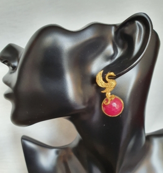 Fashionable earring, brass goldplated, with red Jade