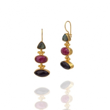 Earring made from brass, goldplated, Labradorite, Ruby, Amethyst