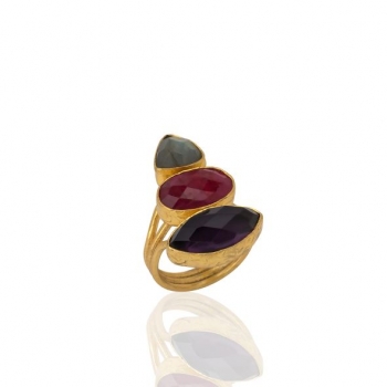 Ring made from brass, goldplated, Labradorite, Ruby, Amethyst