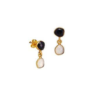 Earring made from brass, goldplated, black/white Onyx