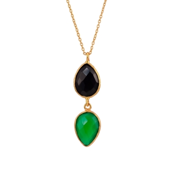 Necklace made from brass, goldplated, black/green stones