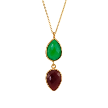Necklace made from brass, goldplated. green/red stones