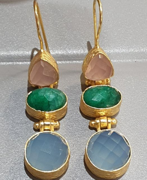 Earring made from brass, goldplated, Rosequarz/Emerald/blue chalcedony