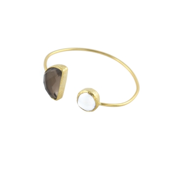 Bracelet made from brass, goldplated, smoky Quartz and baroque pearl