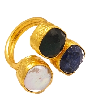 Ring made from brass, goldplated, green Jade/Lapislazuli/baroque pearl