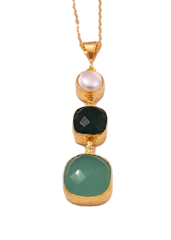 Necklace made from brass, goldplated, pearl/green Jade/aqua Chalcedony