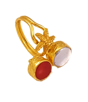 Ring made from brass, goldplated, coral, baroque pearl