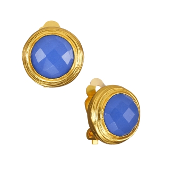 Ear clips made from brass, goldplated, blue Chalcedony, clip