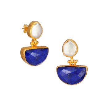 Earring made from brass, goldplated, Lapislazuli, baroque pearl (studs)