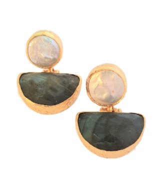 Earring made from brass, goldplated, labradorite + baroque pearl (clip)