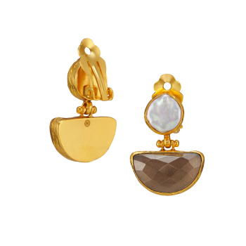 Earring made from brass, goldplated, smoky quartz + baroque pearl (clip)