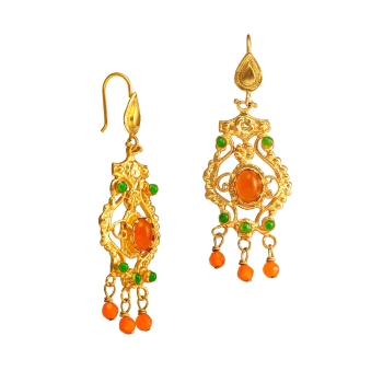 Ethno earring, brass goldplated, Carneol and green Jade