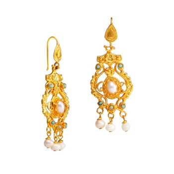 Ethno earring, brass goldplated, pearl, Turquoise