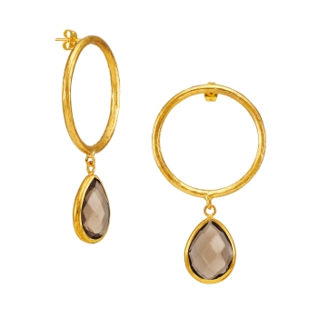 Fashionable earring made from brass, goldplated with smokey quarz