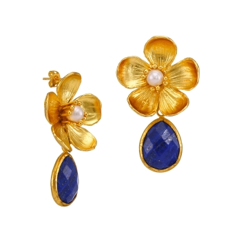 Earring made from brass, goldplated with pearl and Lapislazuli