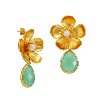 Earring made from brass, goldplated with pearl and aqua chalcedony