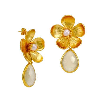 Earring made from brass, goldplated with pearl and white Cateye