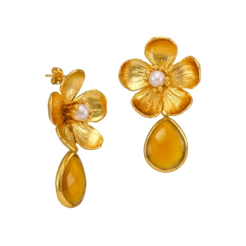 Earring made from brass, goldplated with pearl and honey agate