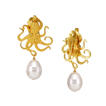 Ear clips made from brass, goldplated, baroque pearl