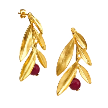 Fashionable earring, brass goldplated, red Jade