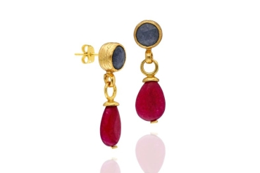 Earring made from brass, goldplated, red-pink, grey-blue Chalcedony