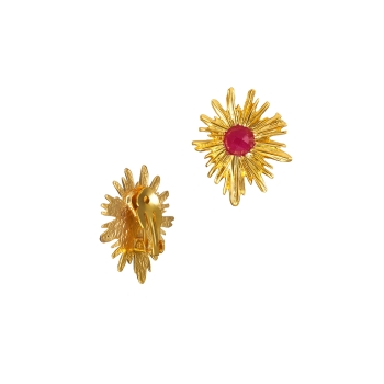 Ear clips made from brass, goldplated, red jade
