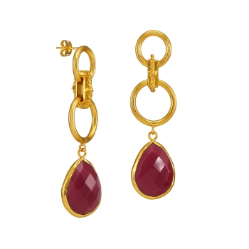 Earring made from brass, goldplated, Red jade
