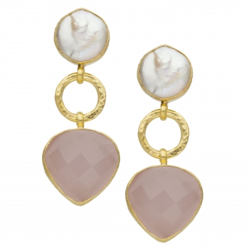Earring made from brass, goldplated, Rosequartz/baroque pearl