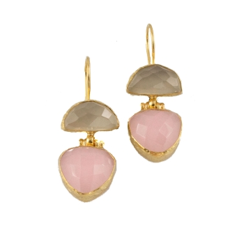 Earring made from brass, goldplated, white Chalcedony, Rosequartz