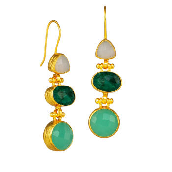 Earring made from brass, aqua chalc., chalcedony, Emerald