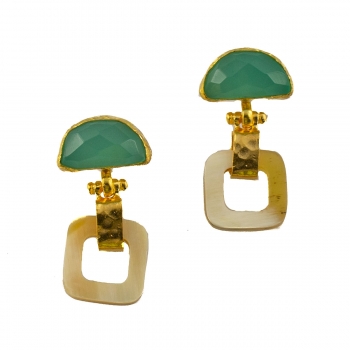 Earring made from water buffalo horn, brass goldplated, aqua chalcedony