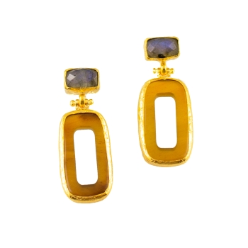 Earring made from water buffalo horn, brass goldplated, Labradorite