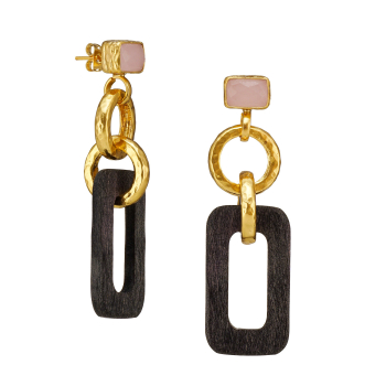 Earring made from brass, goldplated, horn, Rose quartz