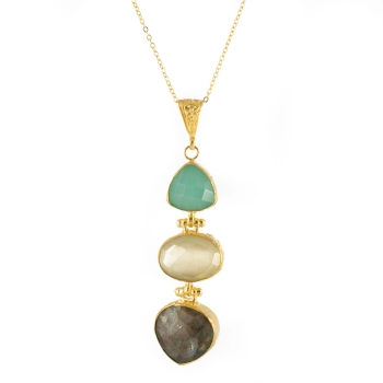 Necklace made from brass, goldplated, Labradorite, white Cateye, aqua Chalcedony