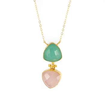 Necklace made from brass, goldplated, with aqua Chalcedony and Rosequartz