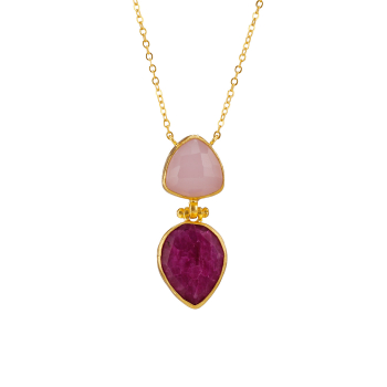 Kette aus Messing, vergoldet, Rosenquarz/Rubin