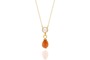 Kette aus Messing, vergoldet, oranger Chalcedon, Perle