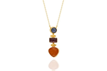 Necklace made from brass, goldplated, orange, greyblue Chalcedony, Amethyst