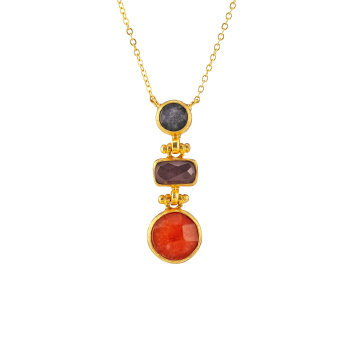 Necklace made from brass, goldplated, orange, greyblue Chalcedony, Amethyst