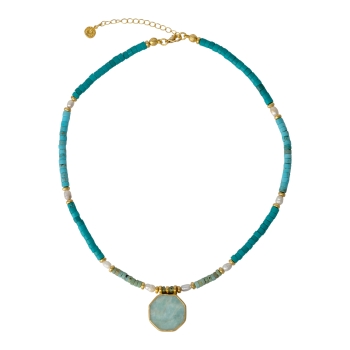 Kette aus Messing, vergoldet, Chalcedon/Türkis, Perle