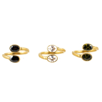 Ringset/3 made from brass, goldplated, green/crystal clear/black