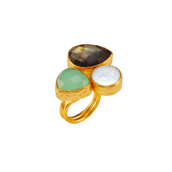 Ring aus Messing vergoldet, mit Aquachalcedon, Barockperle, Labradorit