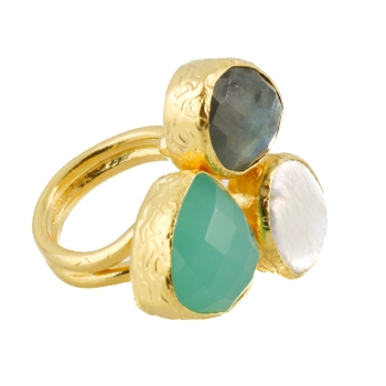 Ring made from brass, goldplated, with Labradorite, baroque pearl and aqua Chalcedony