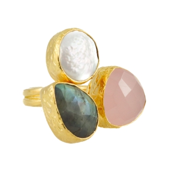 Ring made from brass, goldplated, with Labradorite/Rosequartz/Baroque pearl