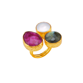 Ring aus Messing vergoldet, Rubin, Barockperle, Labradorit