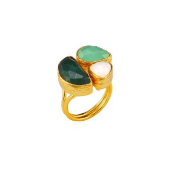 Ring aus Messing vergoldet, Grüne Jade, weißem Chalcedon, Aquachalcedon