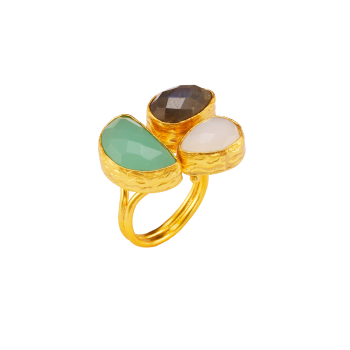 Ring aus Messing vergoldet, mit weißem Chalcedon, Labradorit und Aquachalcedon