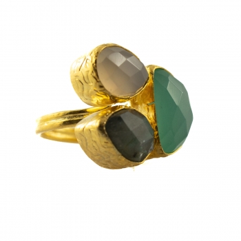Ring made from brass, goldplated, with Labradorite, white Chalcedony and aqua Chalcedony