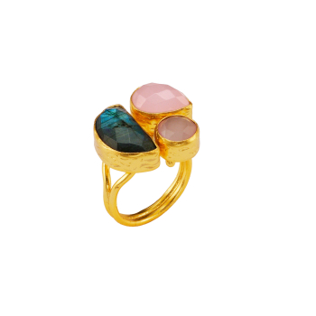 Ring aus Messing vergoldet, Rosenquarz, Labradorit, Dusty Pink Katzenauge