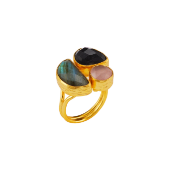 Ring aus Messing vergoldet, Onyx, Labradorit, Dusty Pink Katzenauge